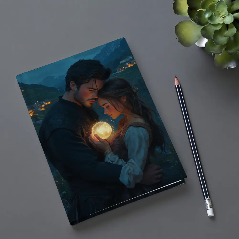 Couple Embracing Glowing Orb Mountain Village Night – Notebooks