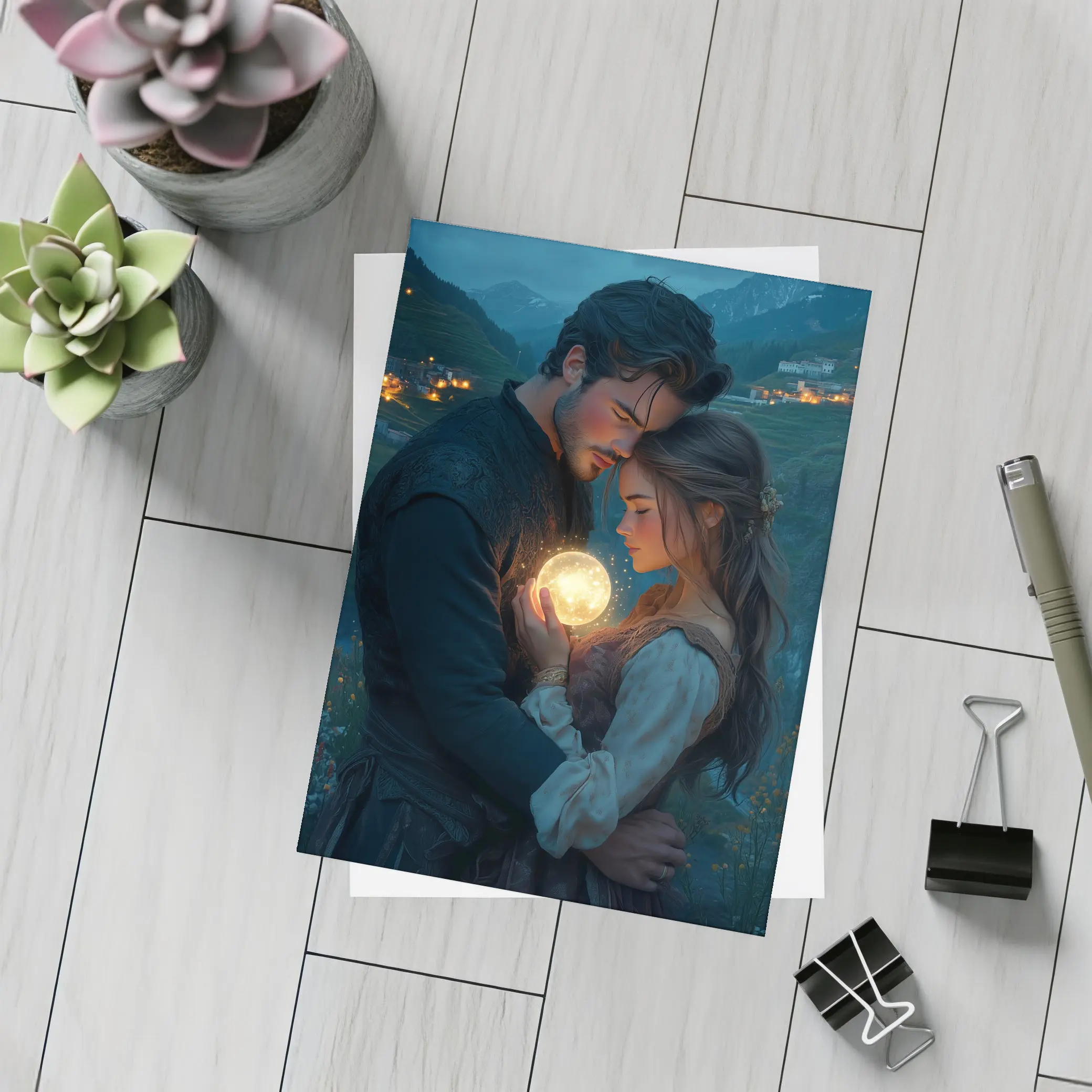 Couple Embracing Glowing Orb Mountain Village Night – Postcards