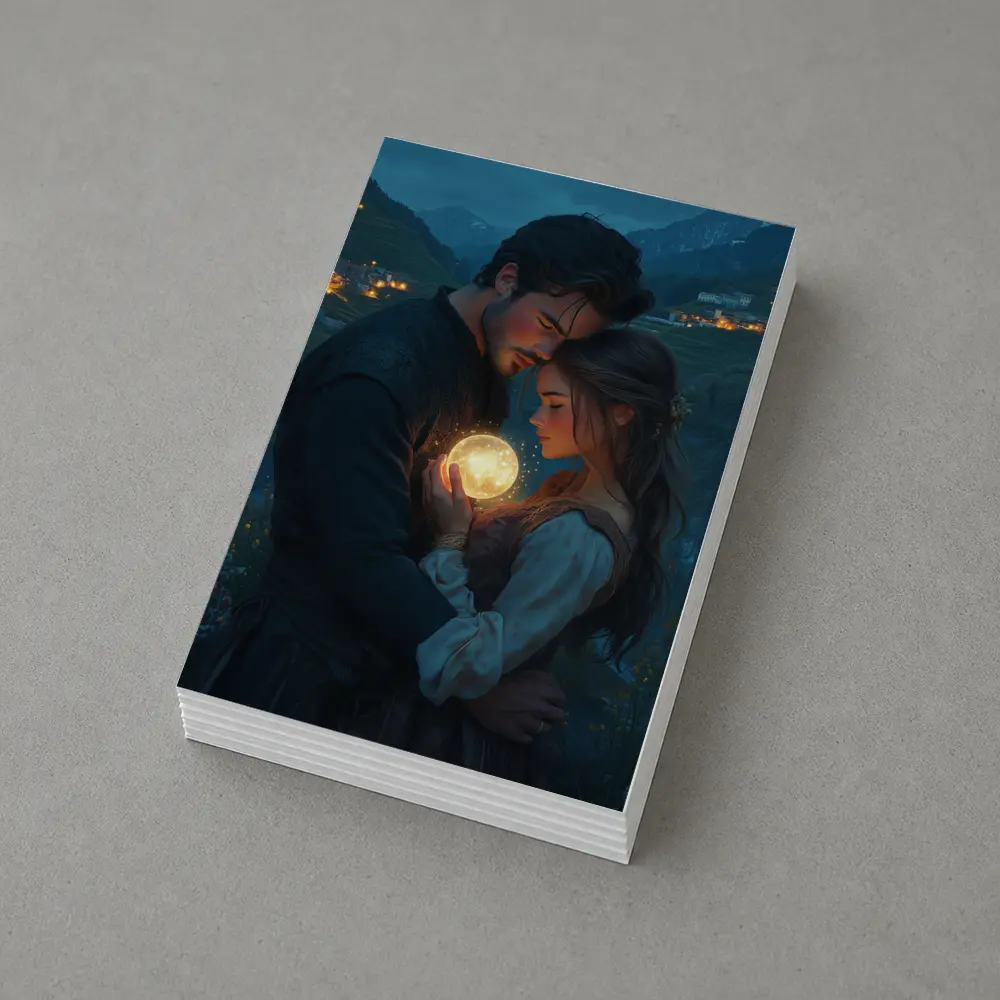 Couple Embracing Glowing Orb Mountain Village Night – Postcards