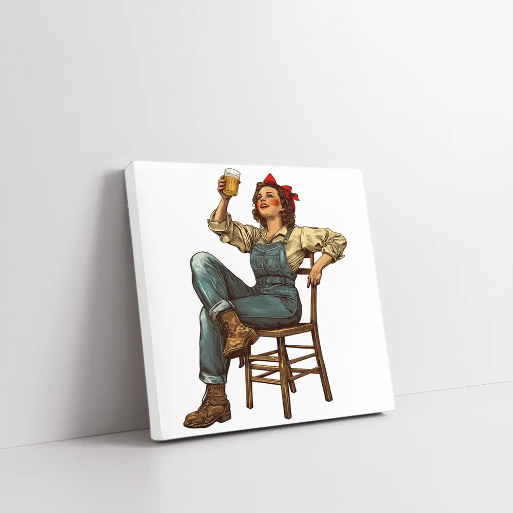 Retro Woman Toasting Beer In Overalls – Wall Art