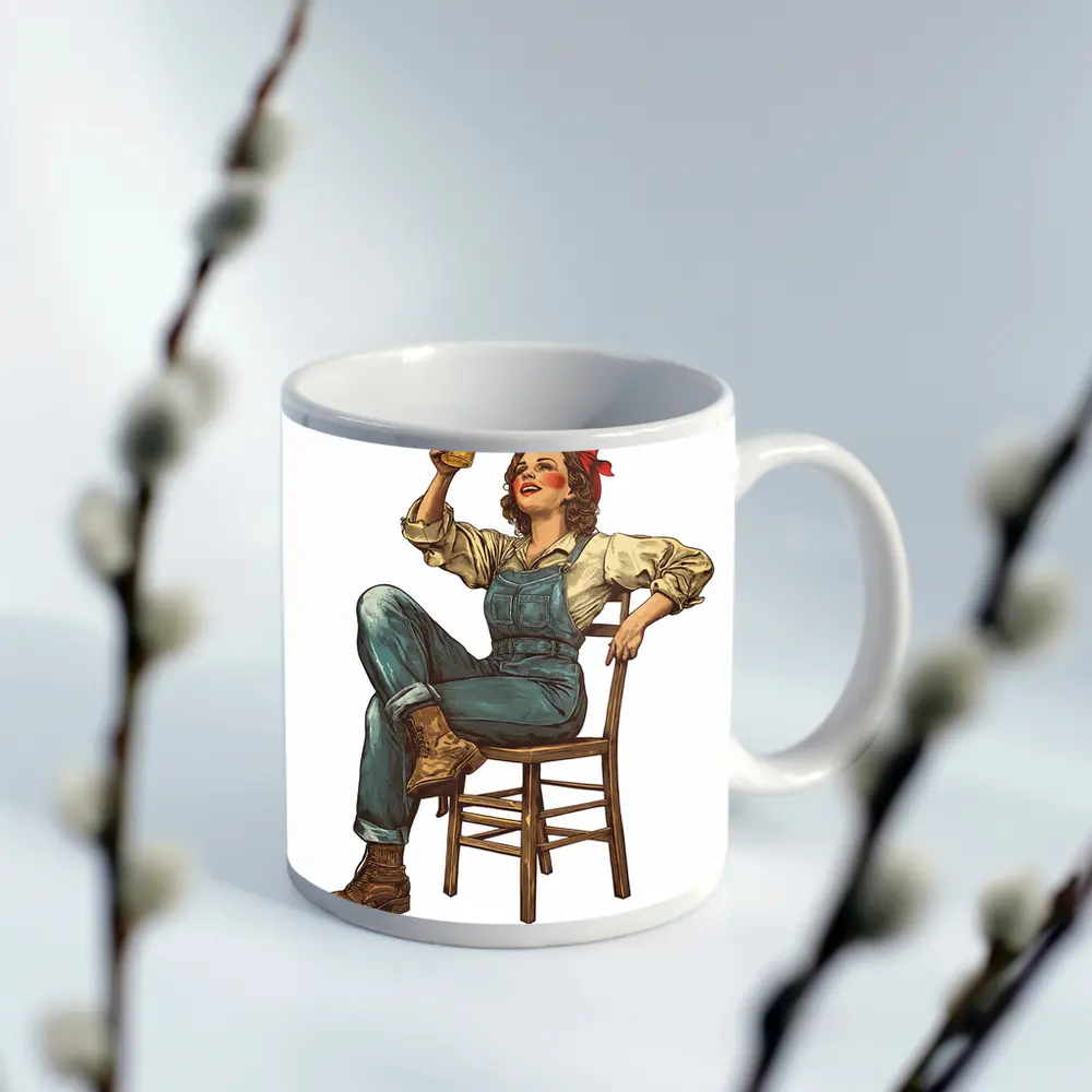 Retro Woman Toasting Beer In Overalls – Mugs