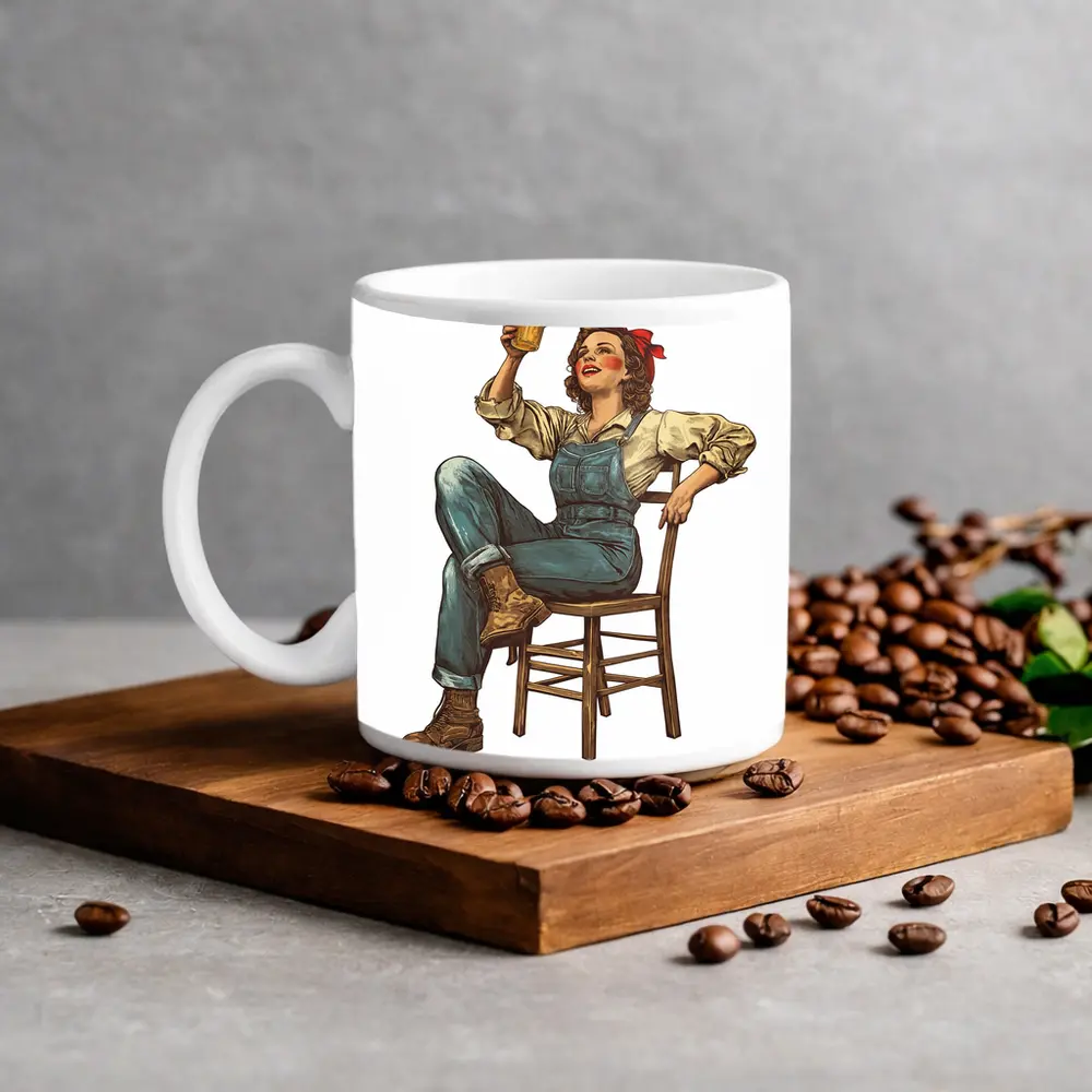Retro Woman Toasting Beer In Overalls – Mugs