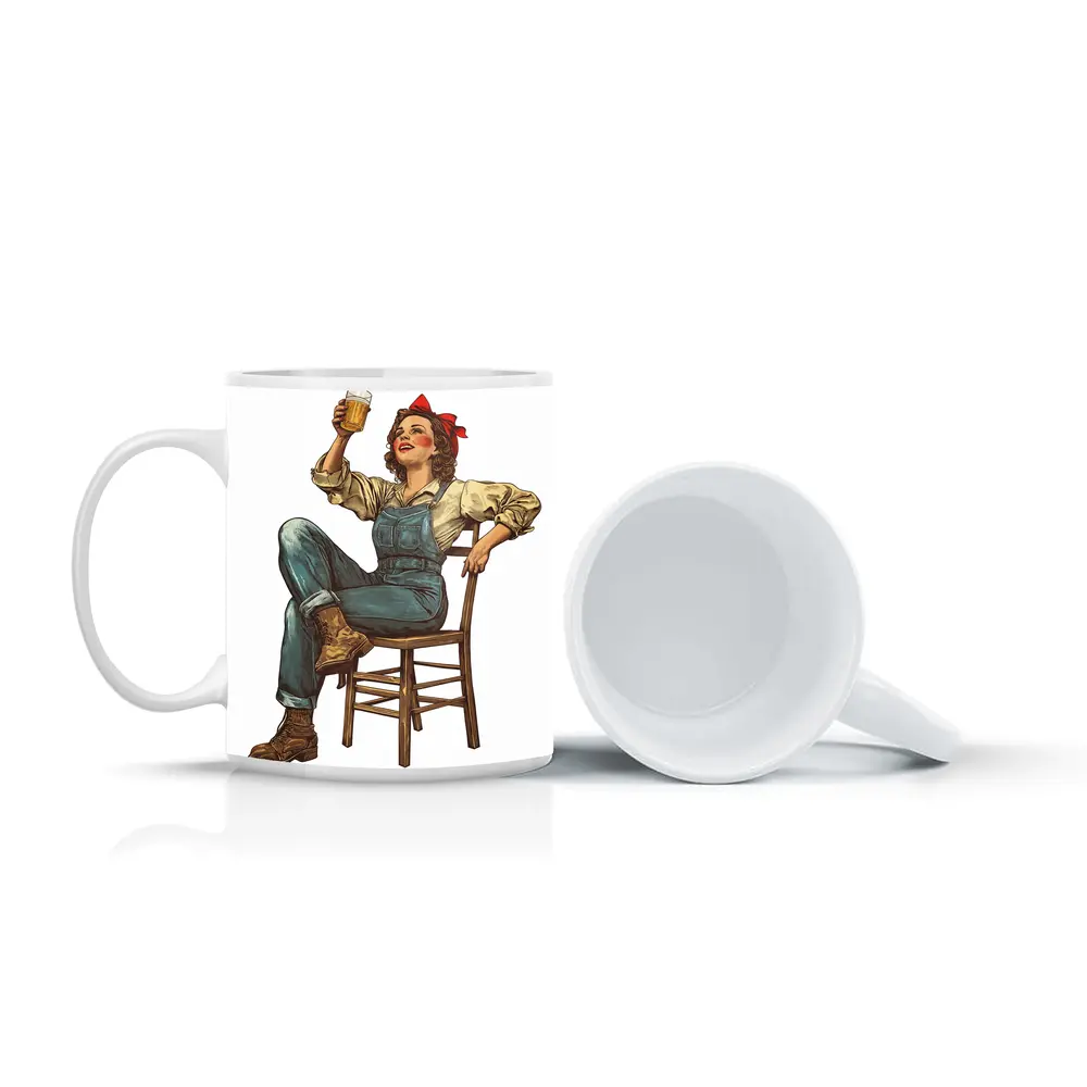 Retro Woman Toasting Beer In Overalls – Mugs