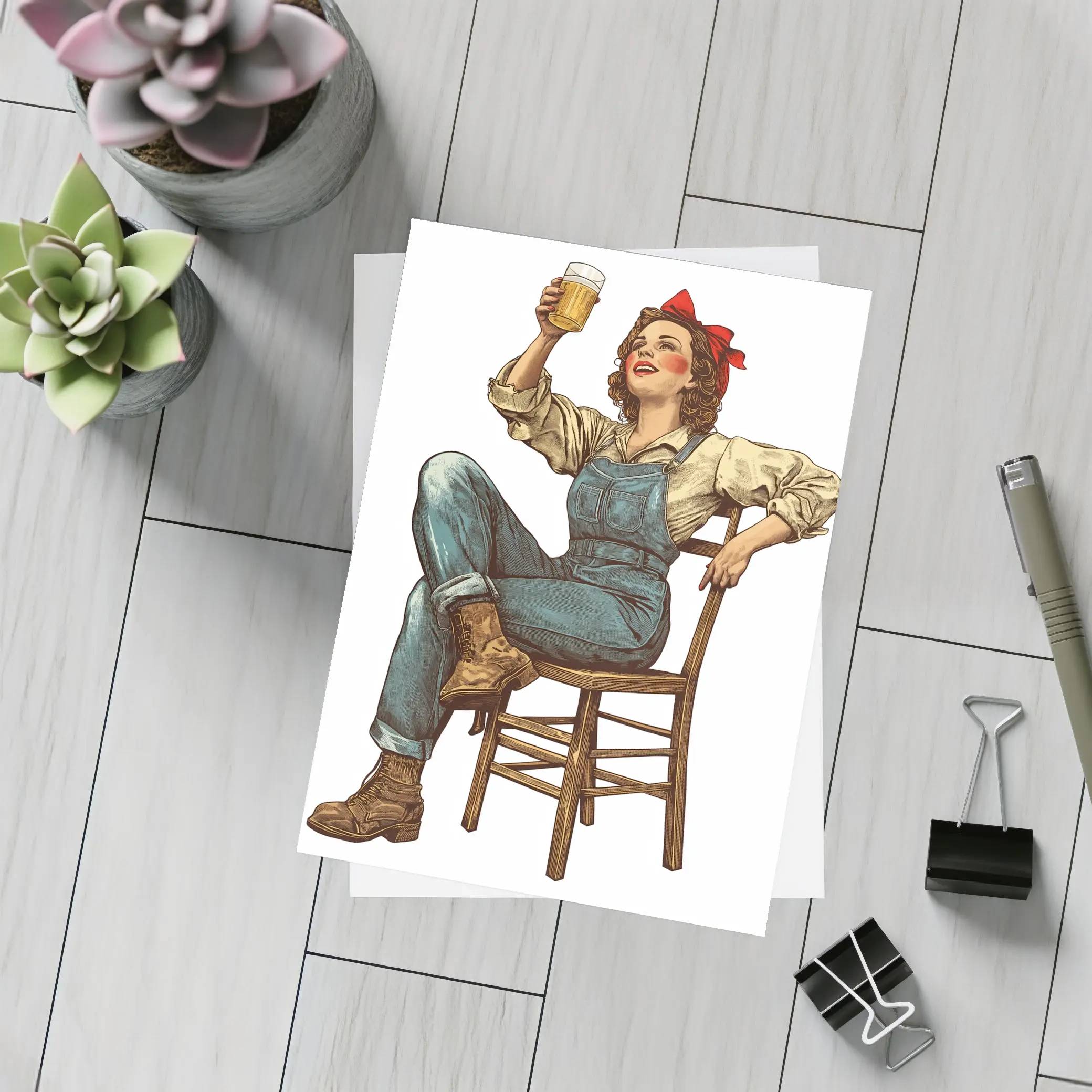 Retro Woman Toasting Beer In Overalls – Postcards
