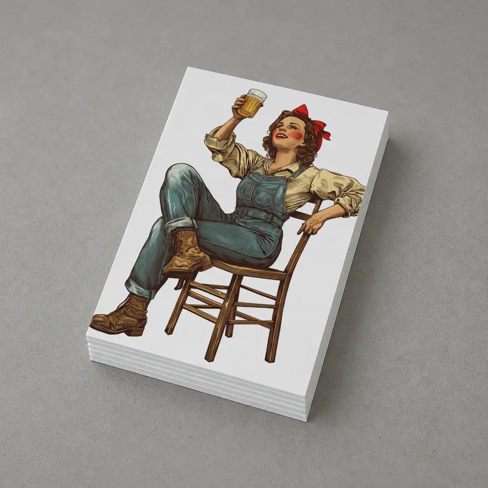 Retro Woman Toasting Beer In Overalls – Postcards