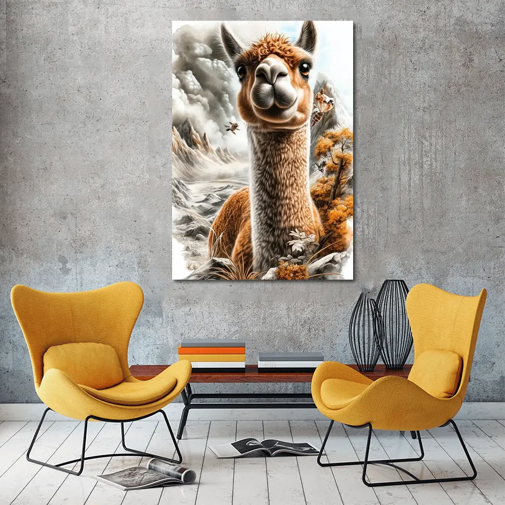 Alpaca Mountain Landscape Detailed Illustration Art – Wall Art