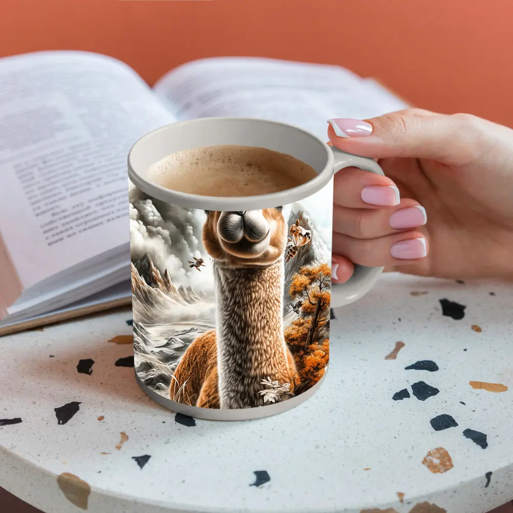 Alpaca Mountain Landscape Detailed Illustration Art – Mugs