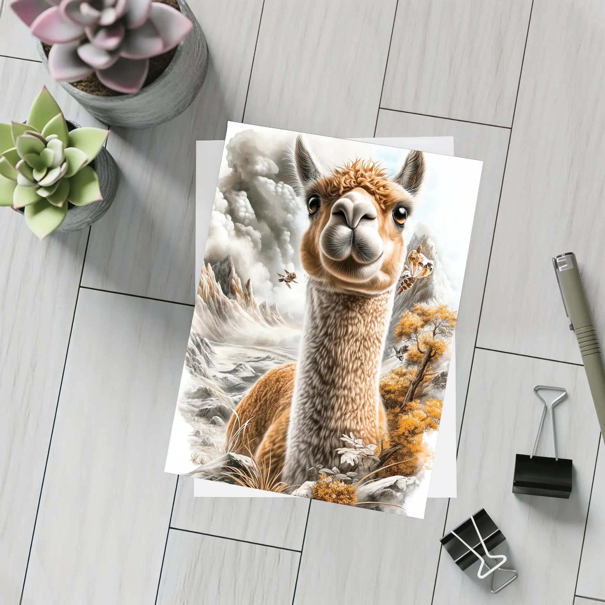 Alpaca Mountain Landscape Detailed Illustration Art – Postcards