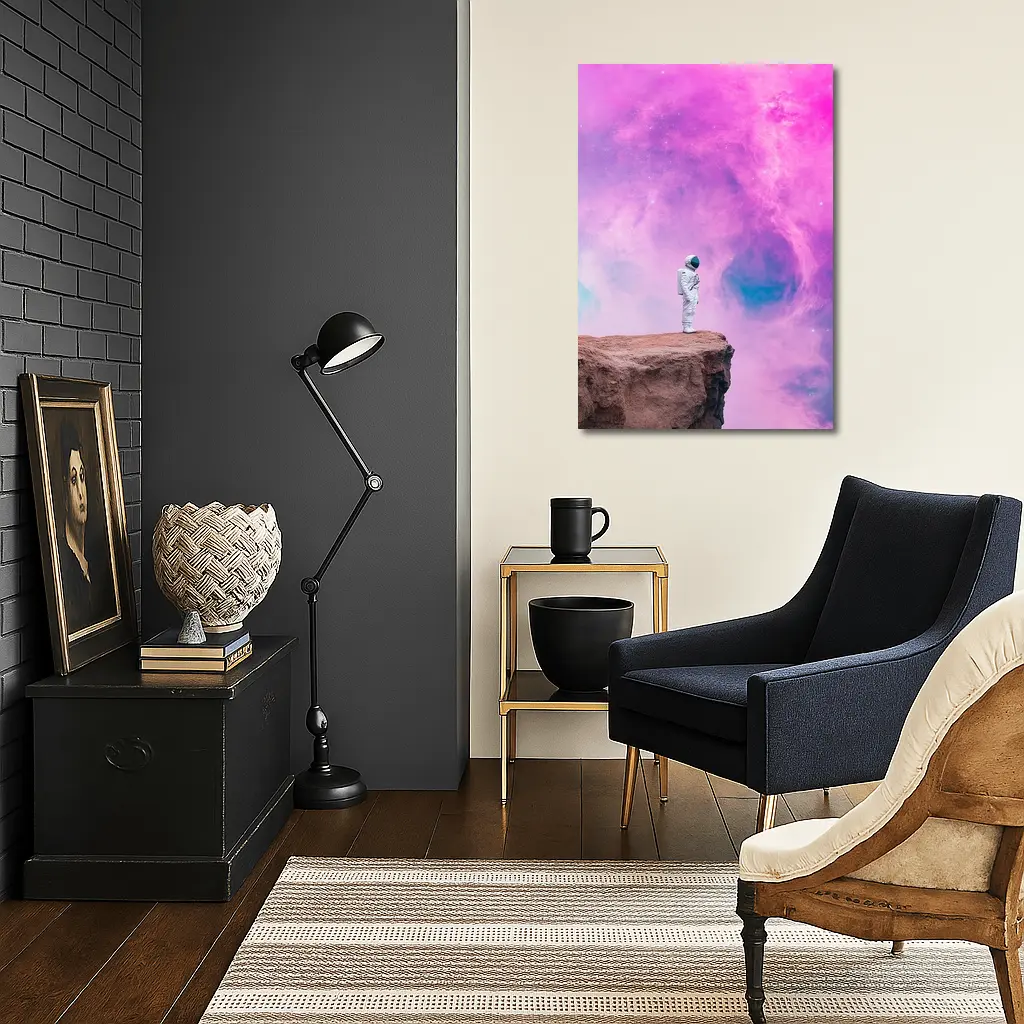 Astronaut Standing On Cliff Pink Nebula – Wall Art