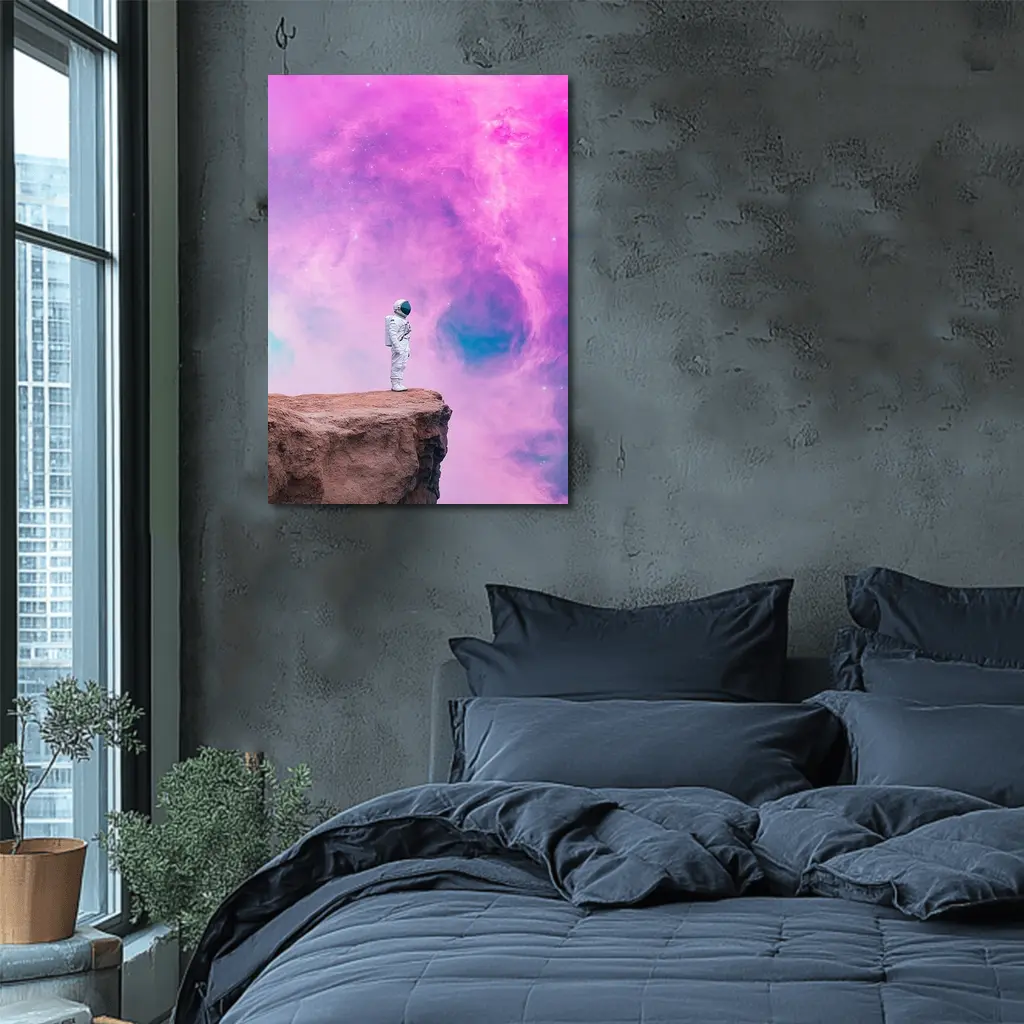 Astronaut Standing On Cliff Pink Nebula – Wall Art