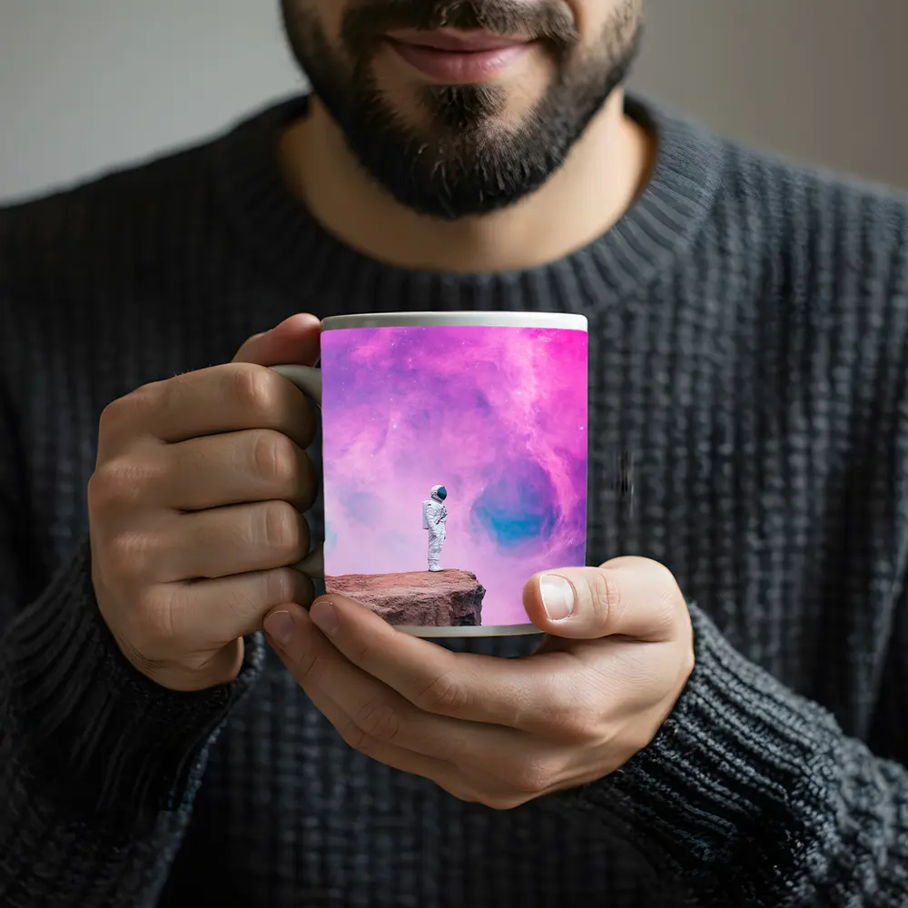 Astronaut Standing On Cliff Pink Nebula – Mugs