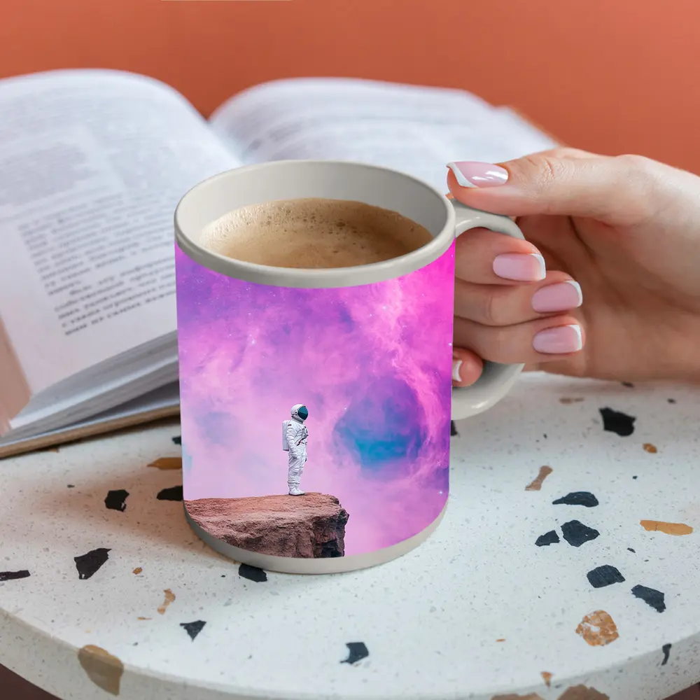 Astronaut Standing On Cliff Pink Nebula – Mugs