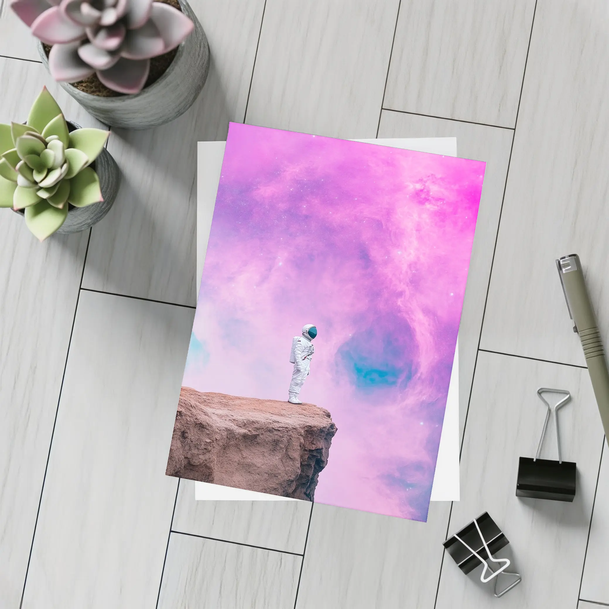 Astronaut Standing On Cliff Pink Nebula – Postcards