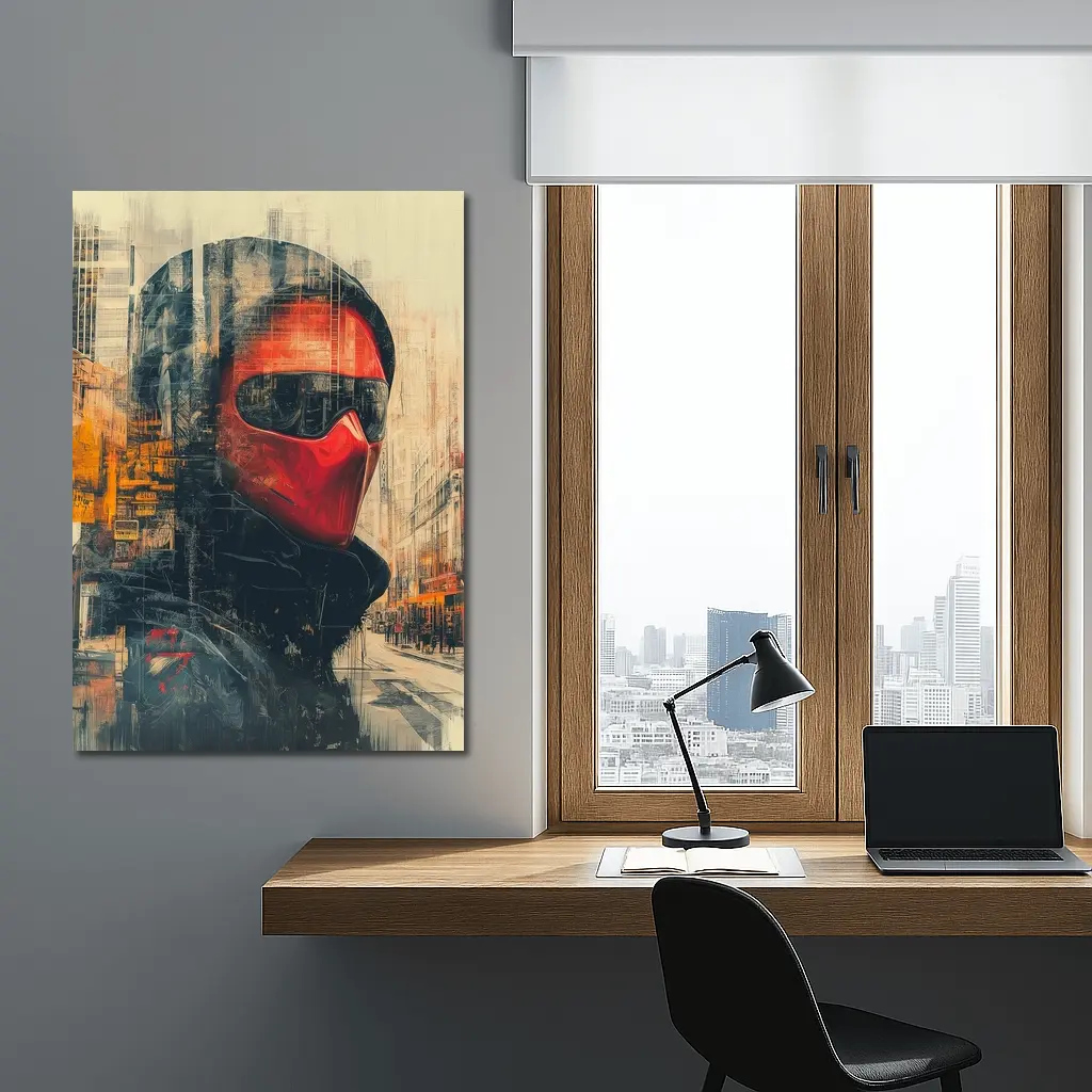 Red Masked Figure Urban City Street Art – Wall Art