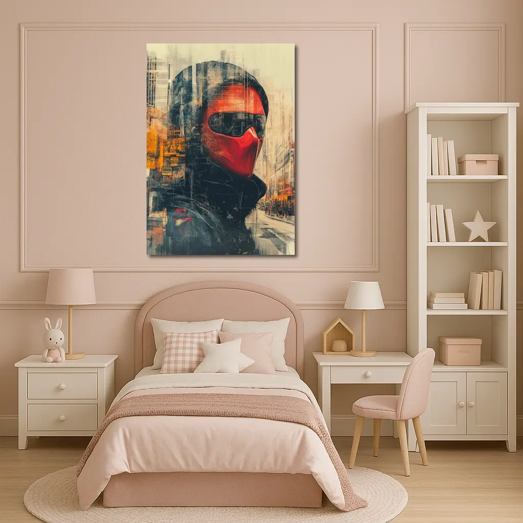 Red Masked Figure Urban City Street Art – Wall Art