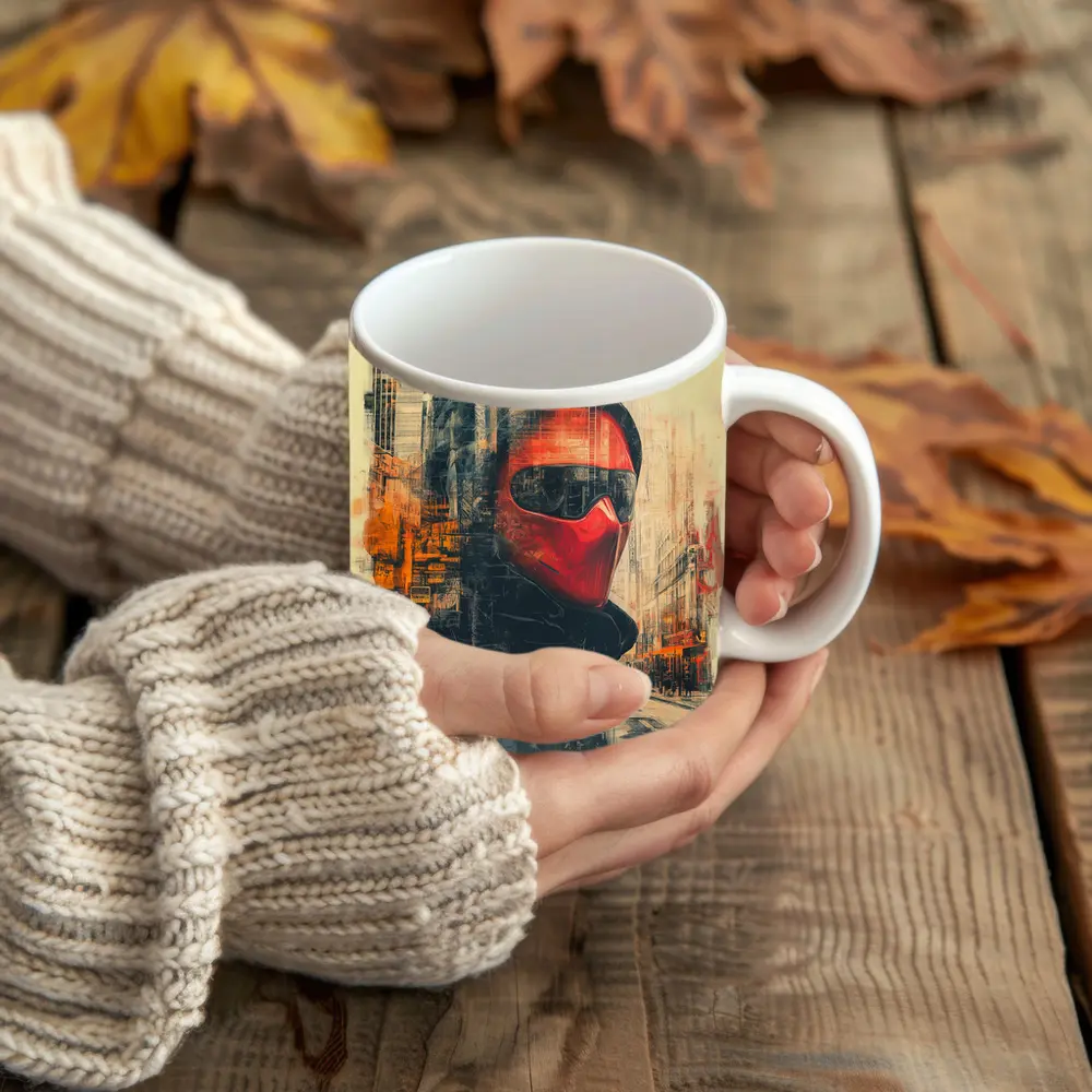 Red Masked Figure Urban City Street Art – Mugs