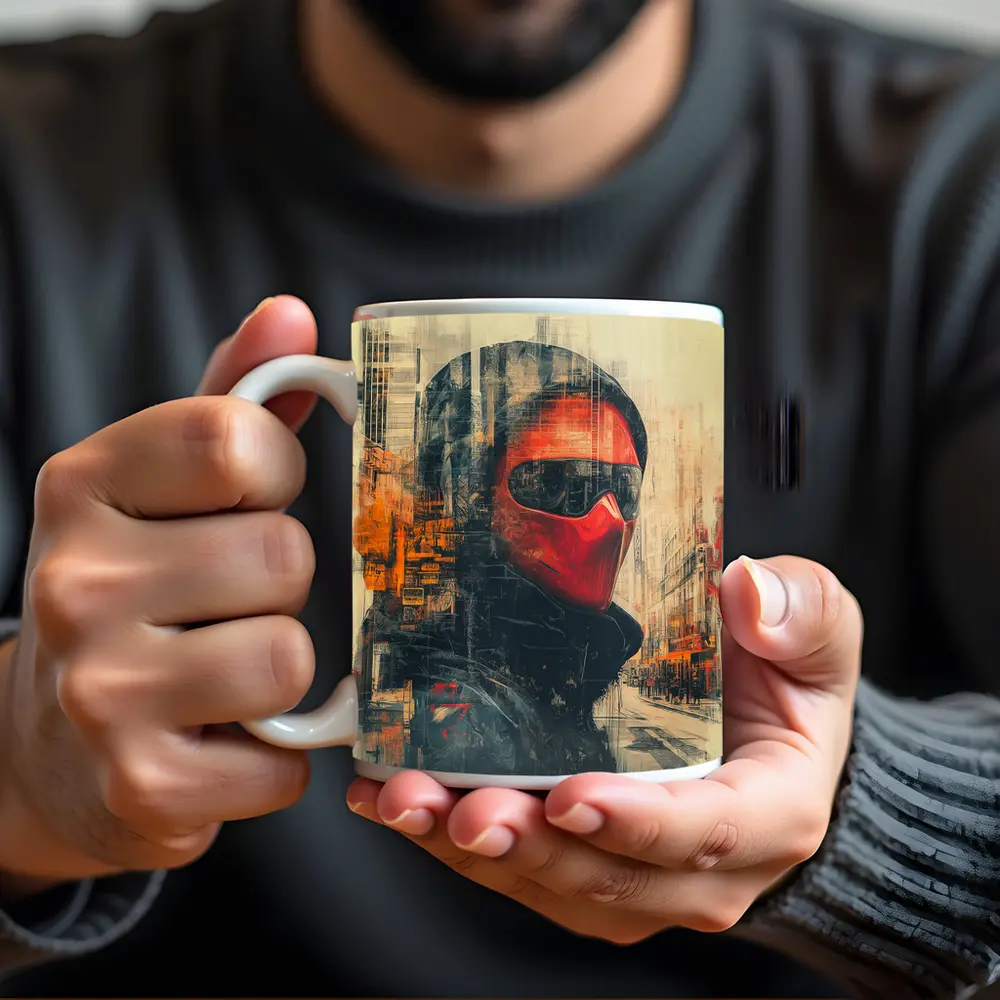 Red Masked Figure Urban City Street Art – Mugs