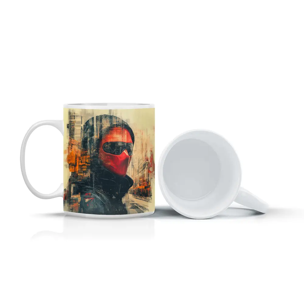 Red Masked Figure Urban City Street Art – Mugs