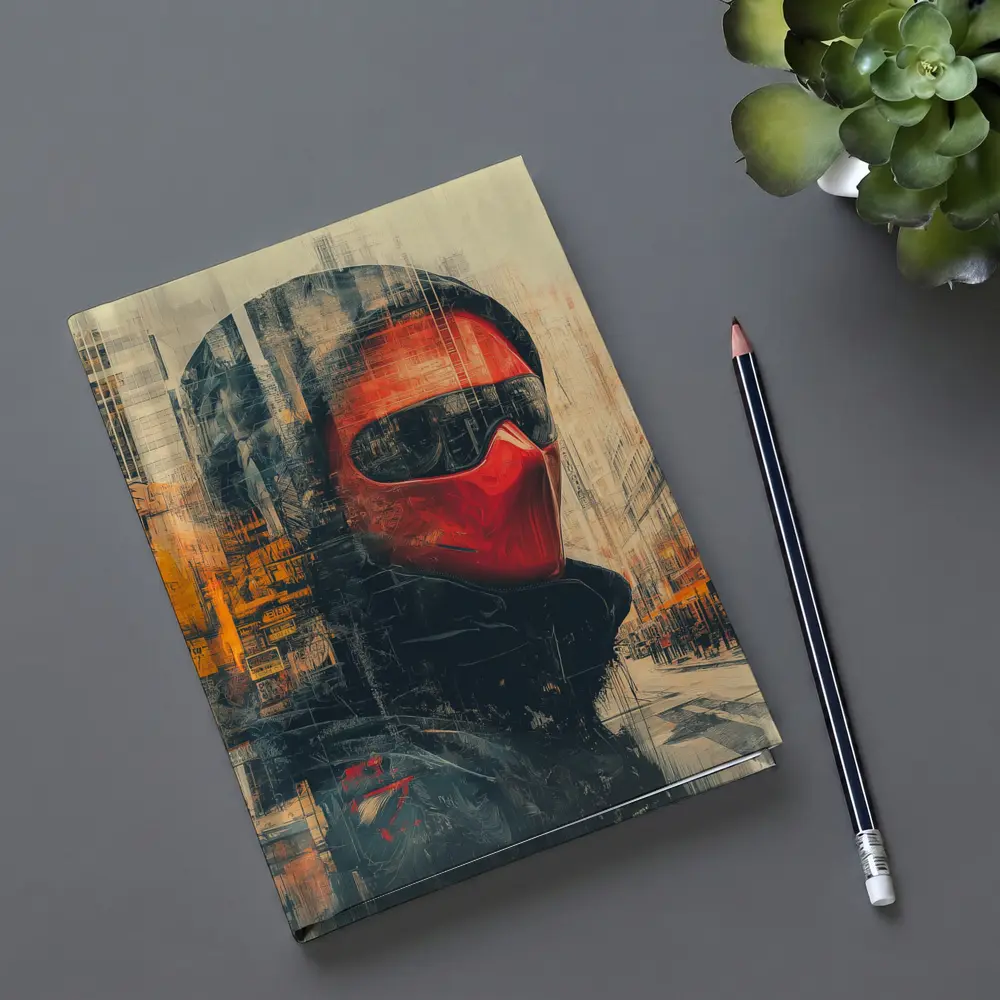 Red Masked Figure Urban City Street Art – Notebooks