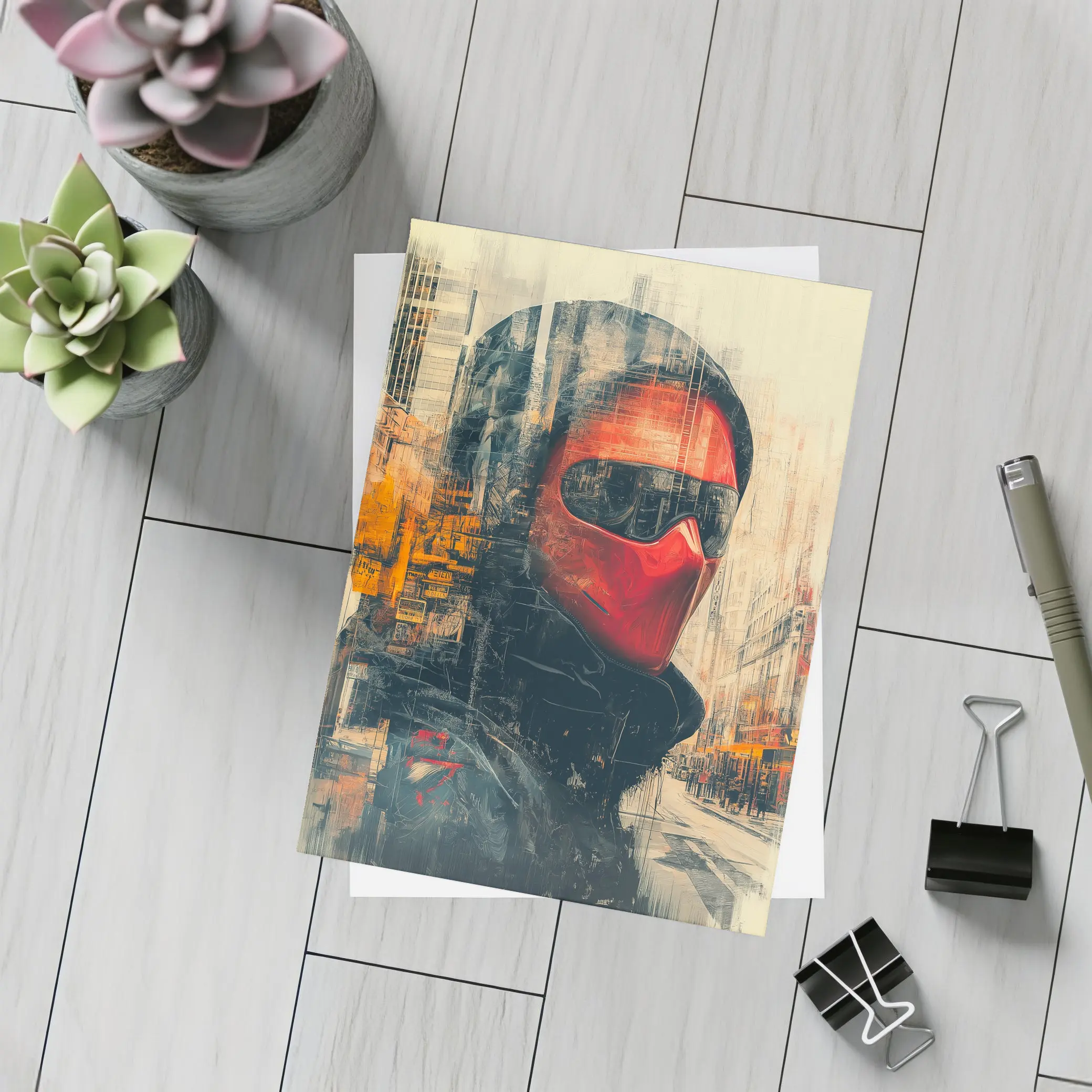 Red Masked Figure Urban City Street Art – Postcards