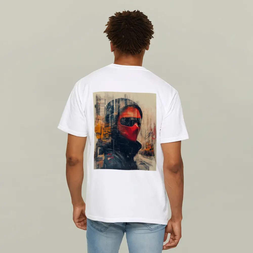 Red Masked Figure Urban City Street Art – T-Shirts