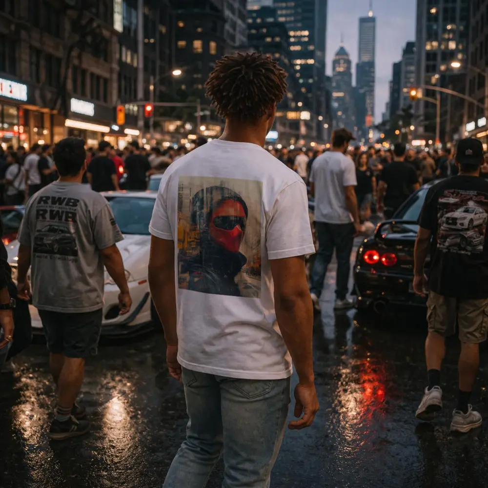 Red Masked Figure Urban City Street Art – T-Shirts