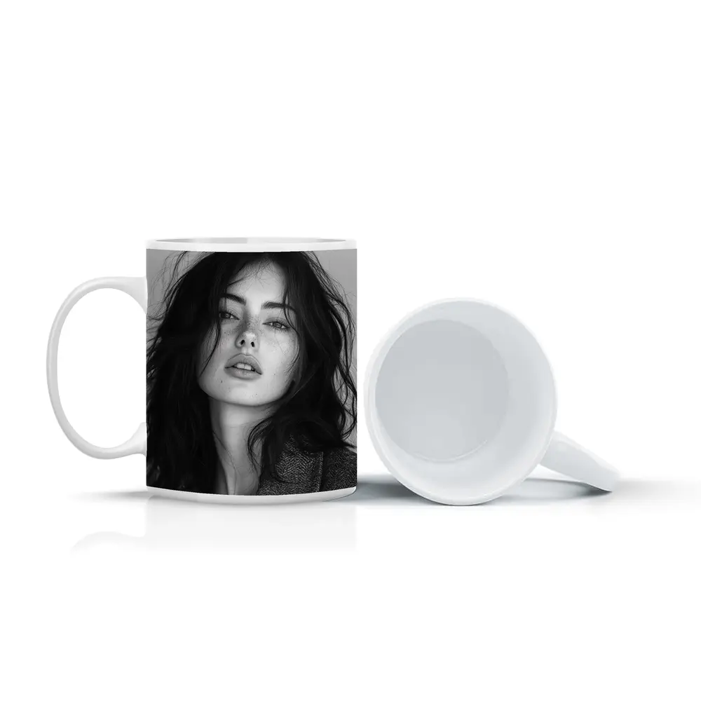 Black and White Woman Portrait Dark Hair – Mugs