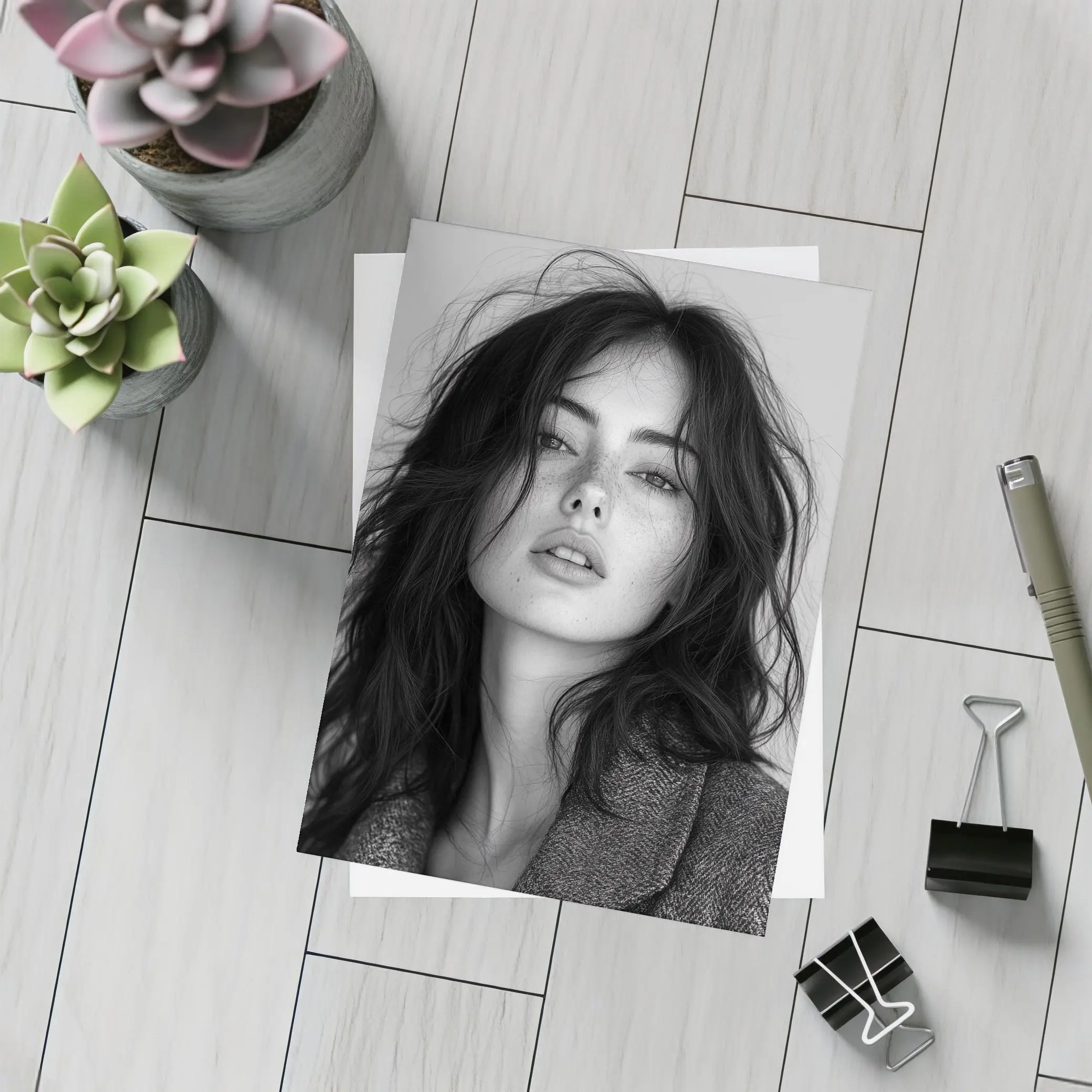 Black and White Woman Portrait Dark Hair – Postcards