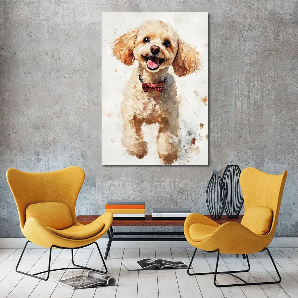 Happy Poodle Dog Watercolor Art White Background – Wall Art