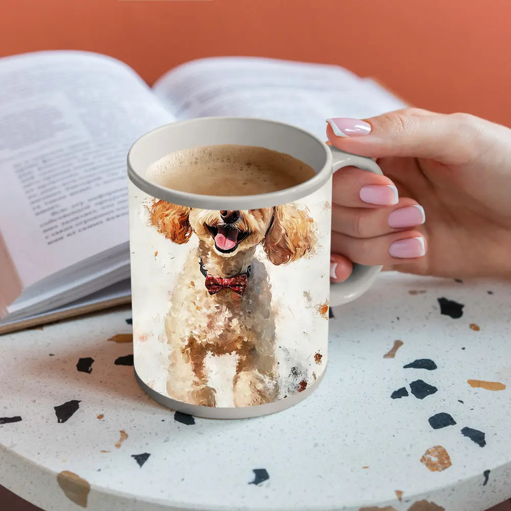 Happy Poodle Dog Watercolor Art White Background – Mugs