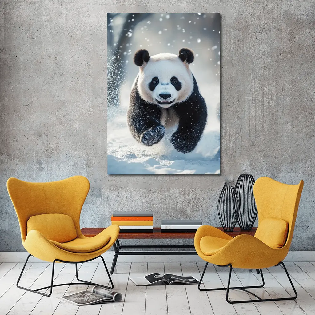 Giant Panda Running Through Snowy Winter Landscape – Wall Art