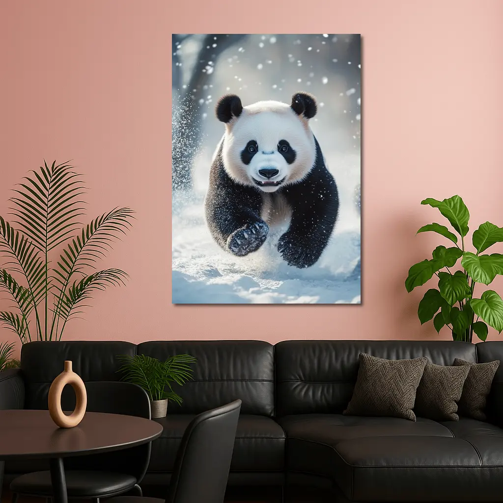 Giant Panda Running Through Snowy Winter Landscape – Wall Art