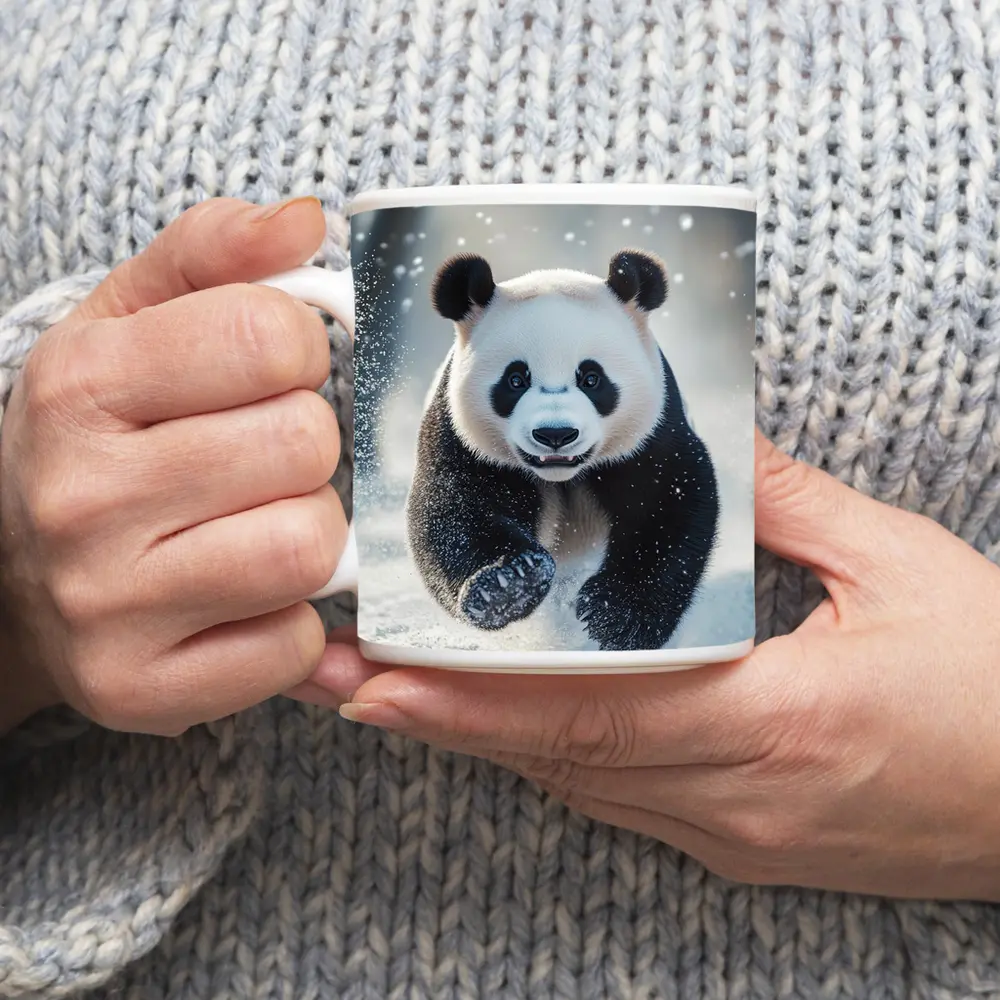 Giant Panda Running Through Snowy Winter Landscape – Mugs
