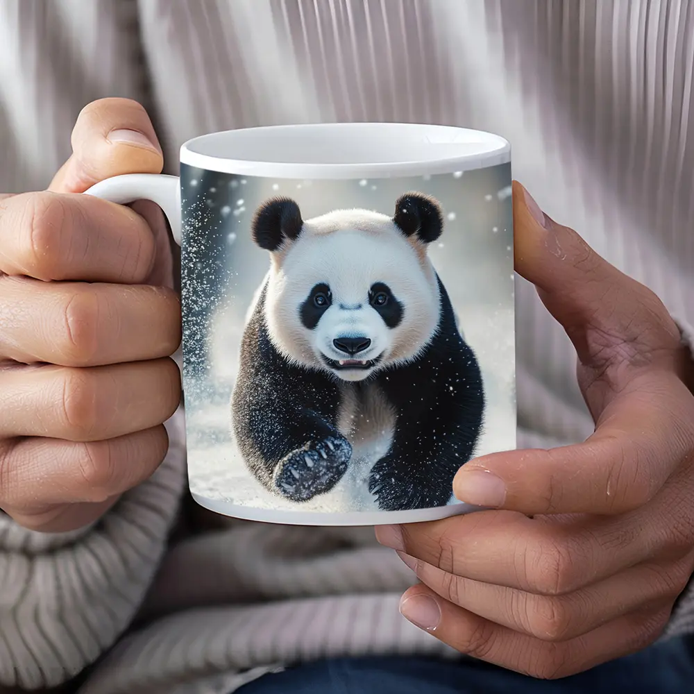 Giant Panda Running Through Snowy Winter Landscape – Mugs
