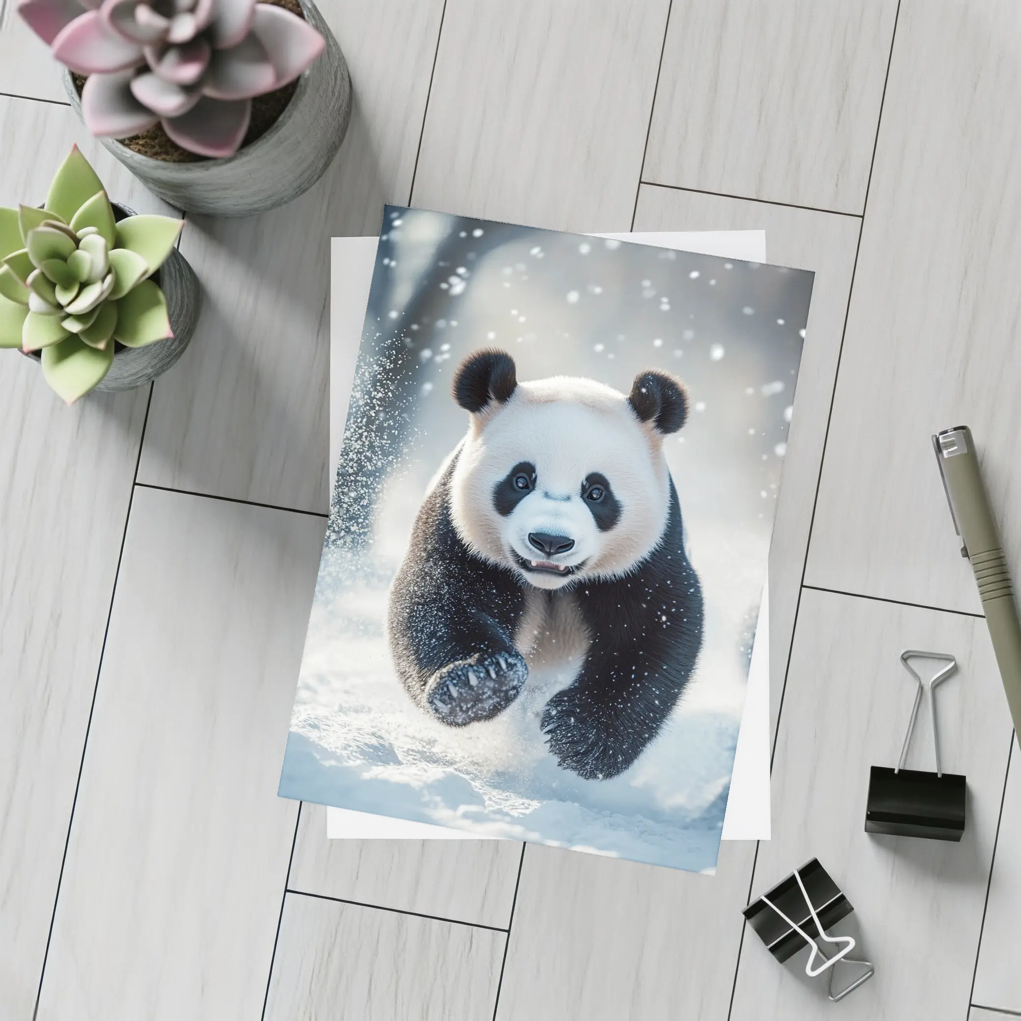 Giant Panda Running Through Snowy Winter Landscape – Postcards