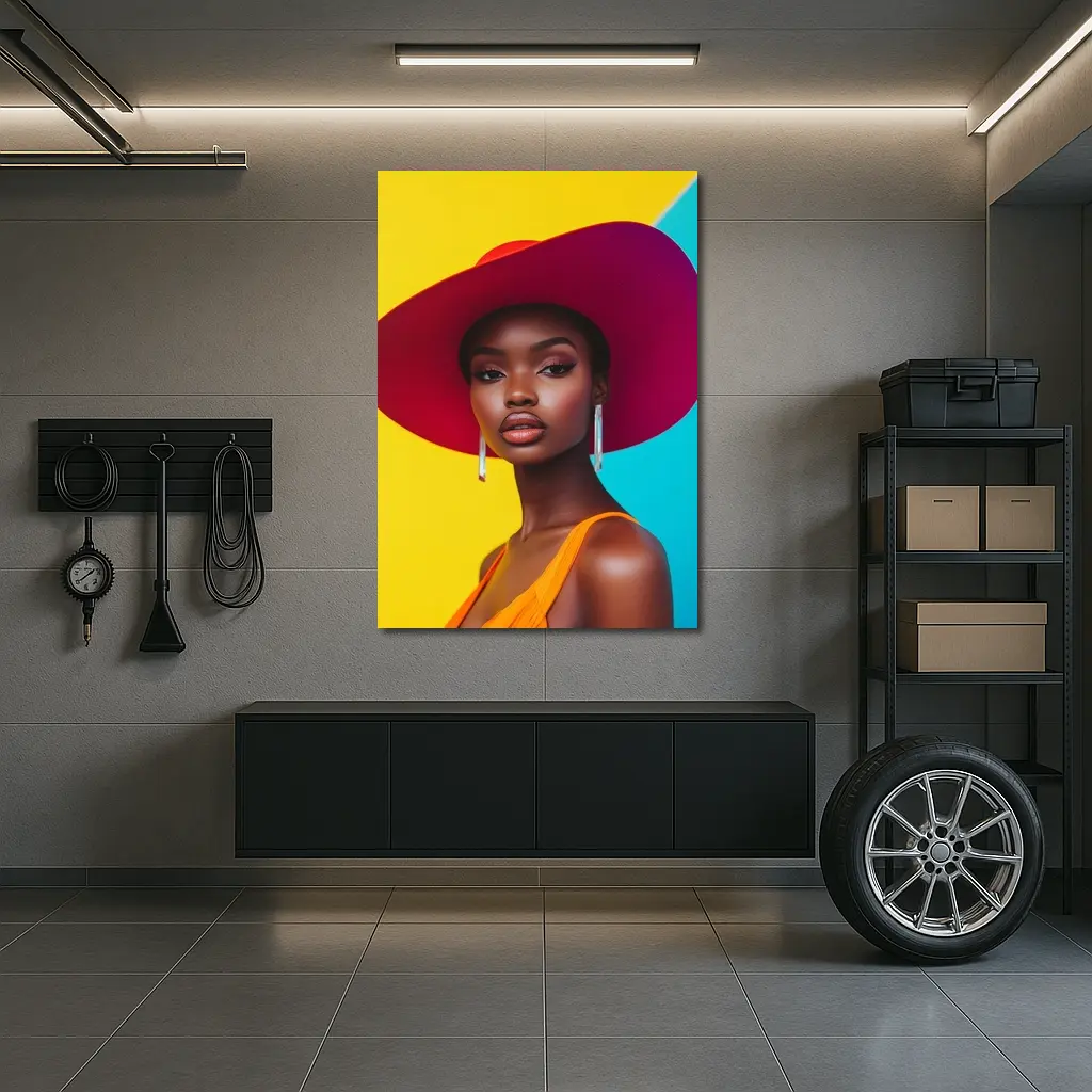 Fashion Woman Wide Brim Hat Colorful Background – Wall Art