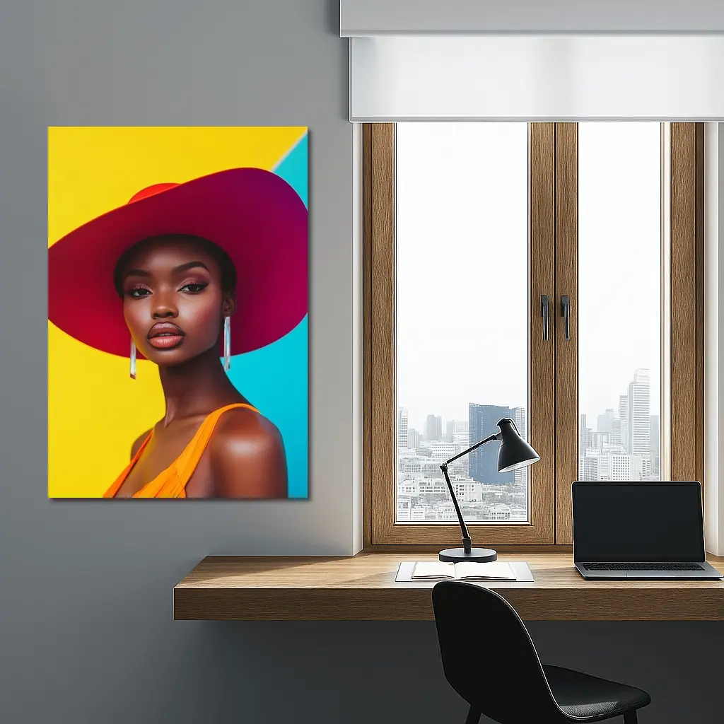 Fashion Woman Wide Brim Hat Colorful Background – Wall Art
