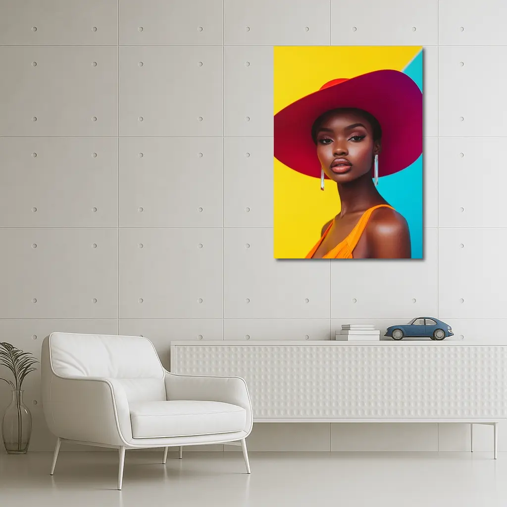 Fashion Woman Wide Brim Hat Colorful Background – Wall Art