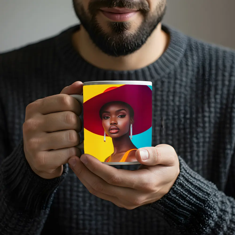Fashion Woman Wide Brim Hat Colorful Background – Mugs