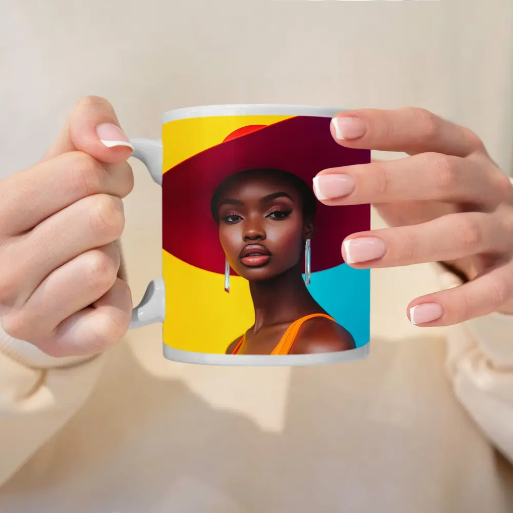 Fashion Woman Wide Brim Hat Colorful Background – Mugs