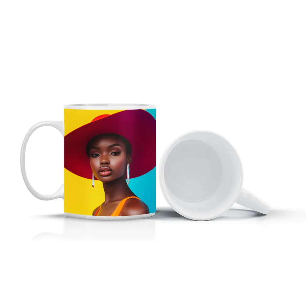Fashion Woman Wide Brim Hat Colorful Background – Mugs
