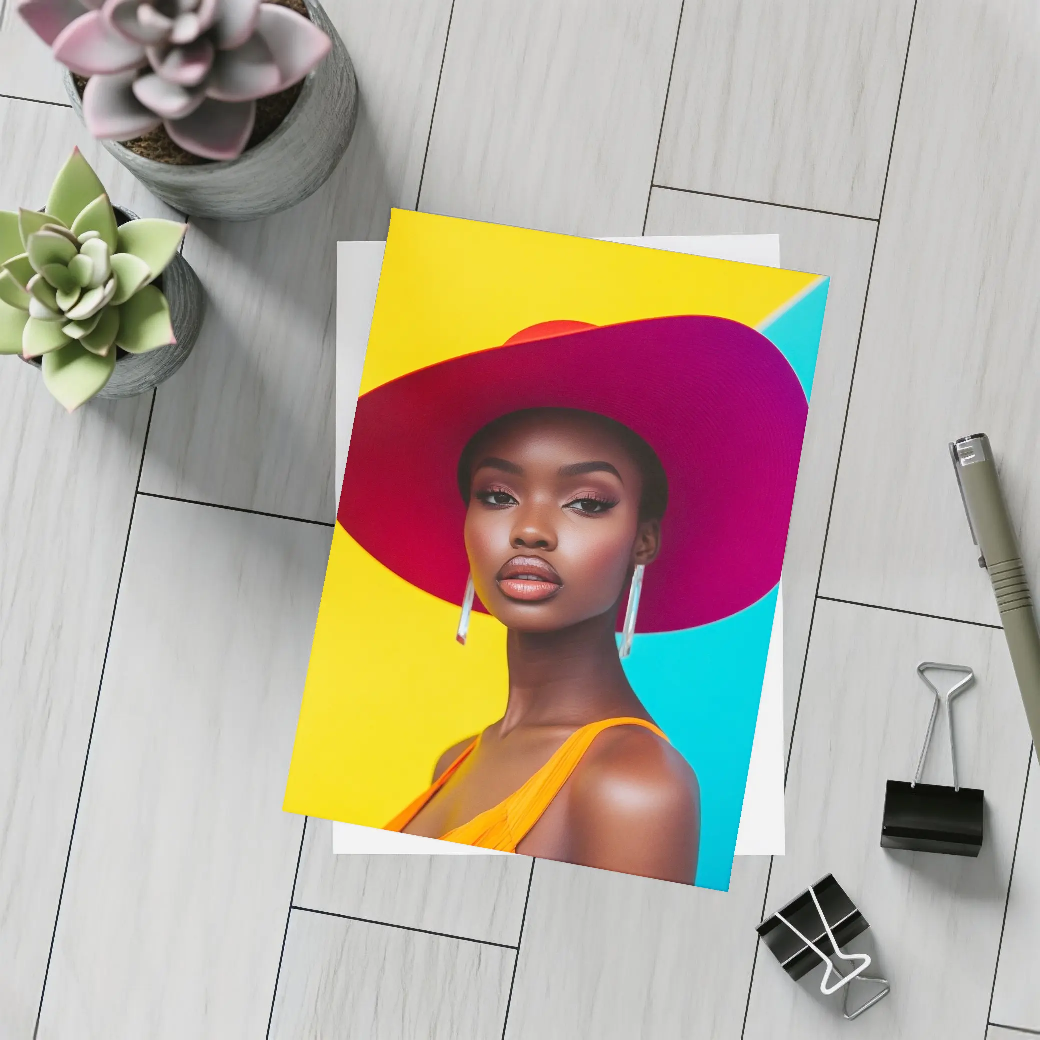 Fashion Woman Wide Brim Hat Colorful Background – Postcards