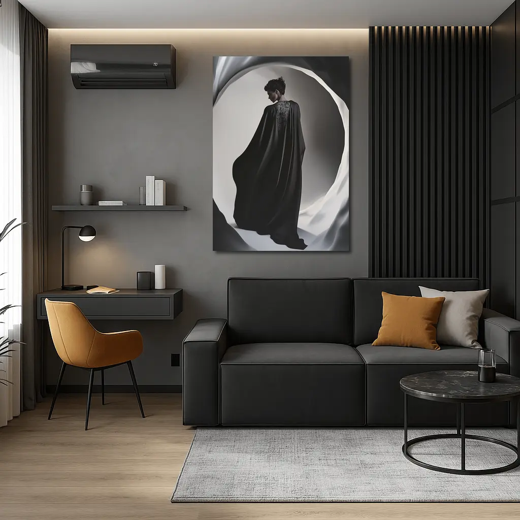 Woman Black Cape Flowing Dramatic Dark Portrait – Wall Art
