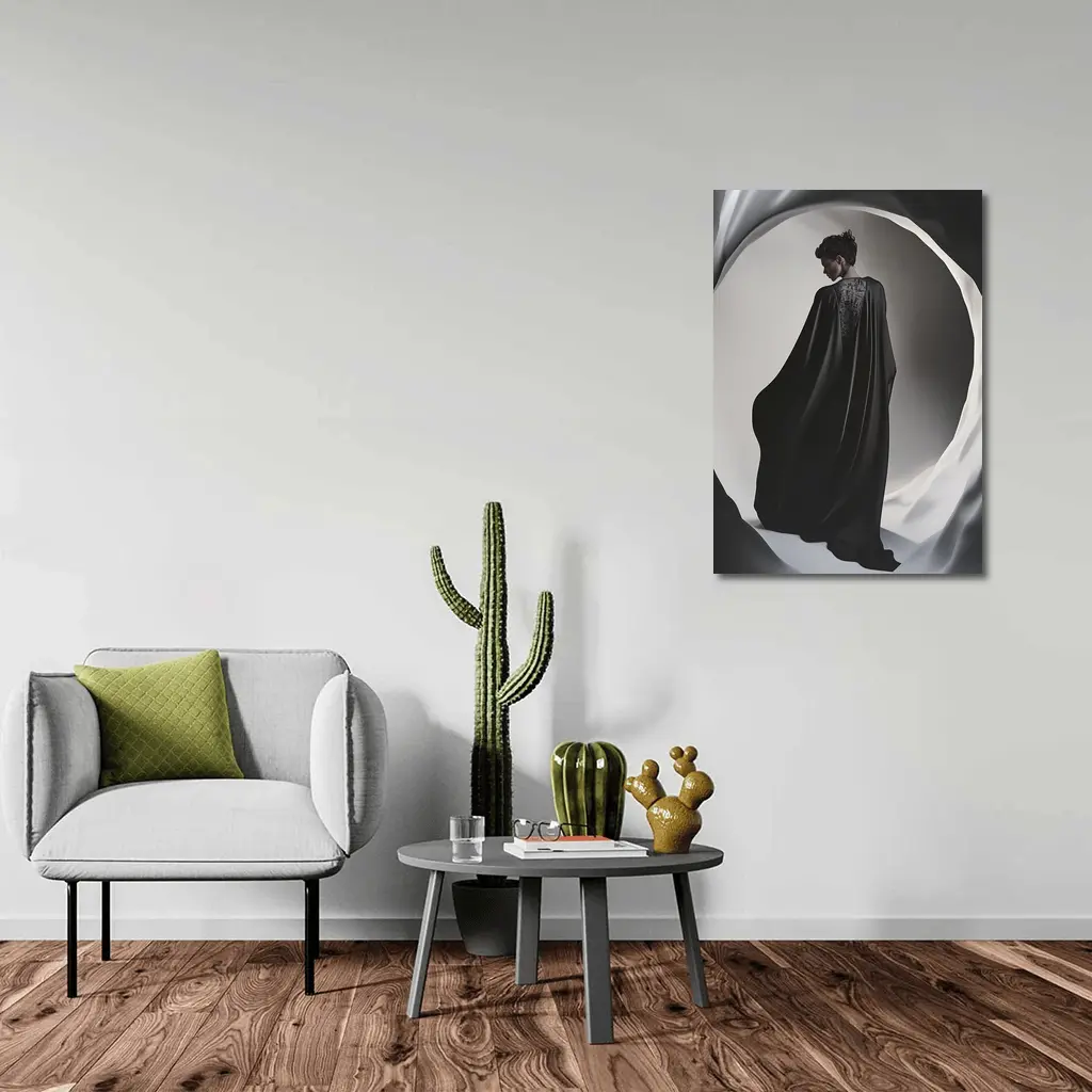 Woman Black Cape Flowing Dramatic Dark Portrait – Wall Art