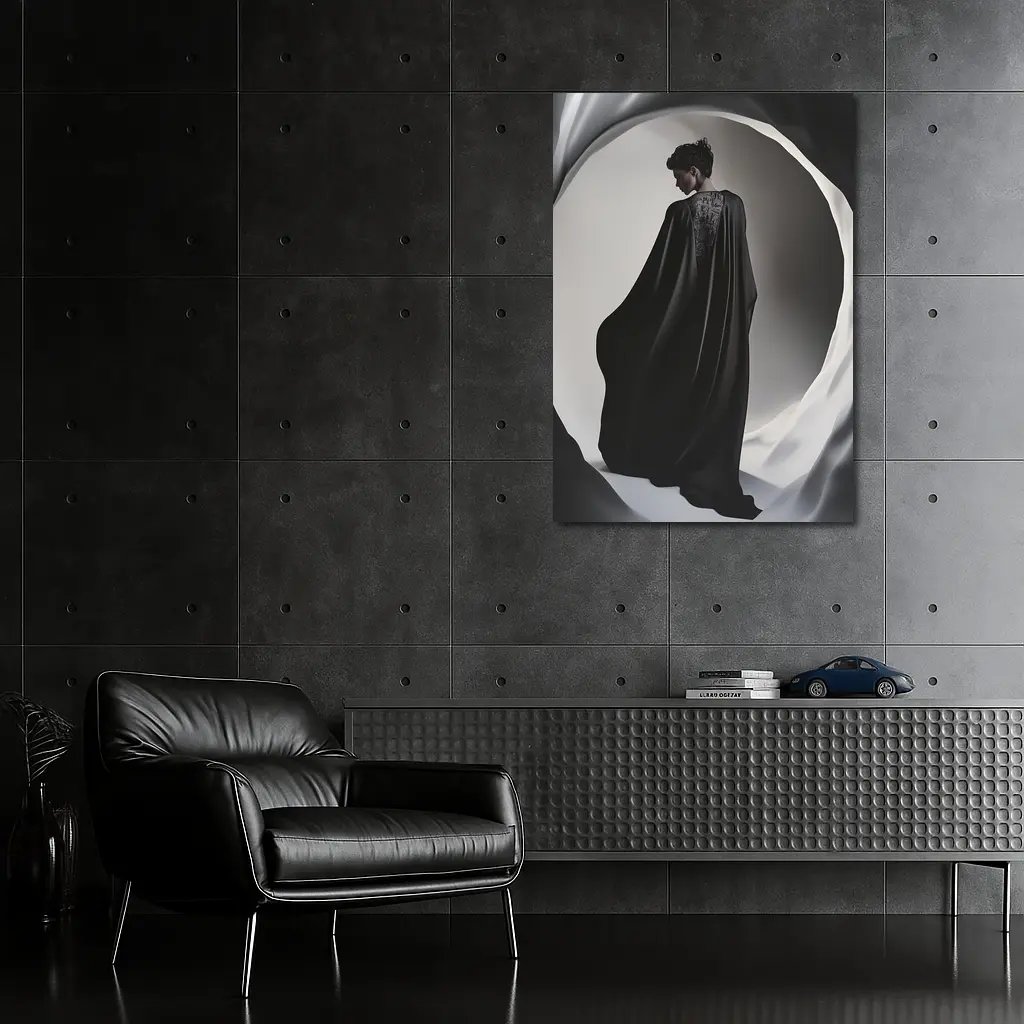 Woman Black Cape Flowing Dramatic Dark Portrait – Wall Art