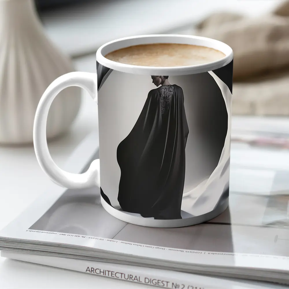 Woman Black Cape Flowing Dramatic Dark Portrait – Mugs