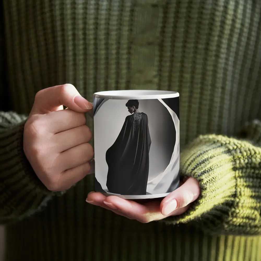 Woman Black Cape Flowing Dramatic Dark Portrait – Mugs