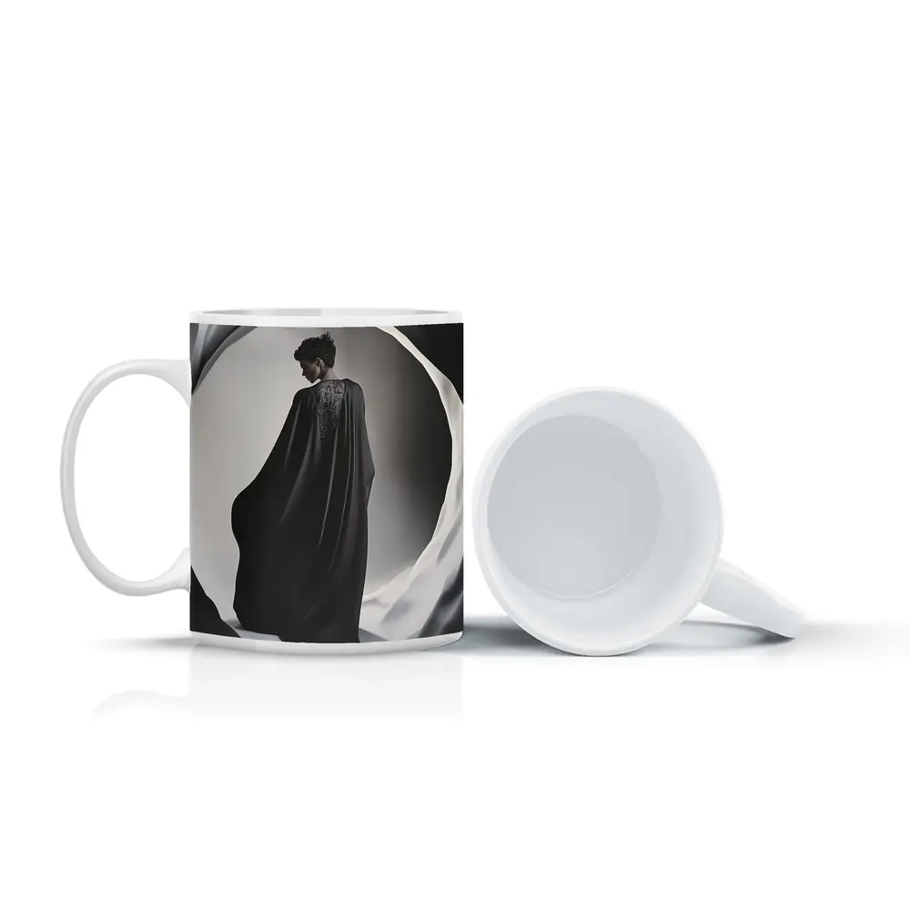 Woman Black Cape Flowing Dramatic Dark Portrait – Mugs