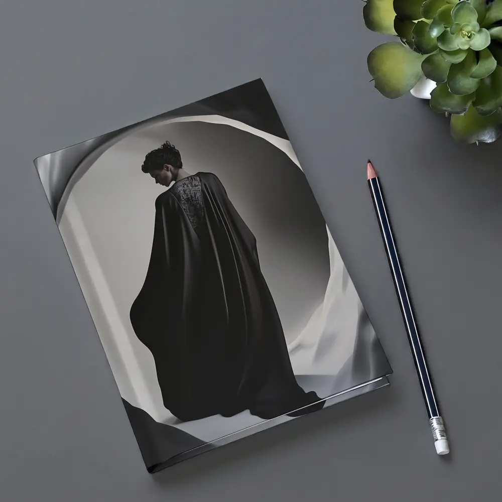Woman Black Cape Flowing Dramatic Dark Portrait – Notebooks