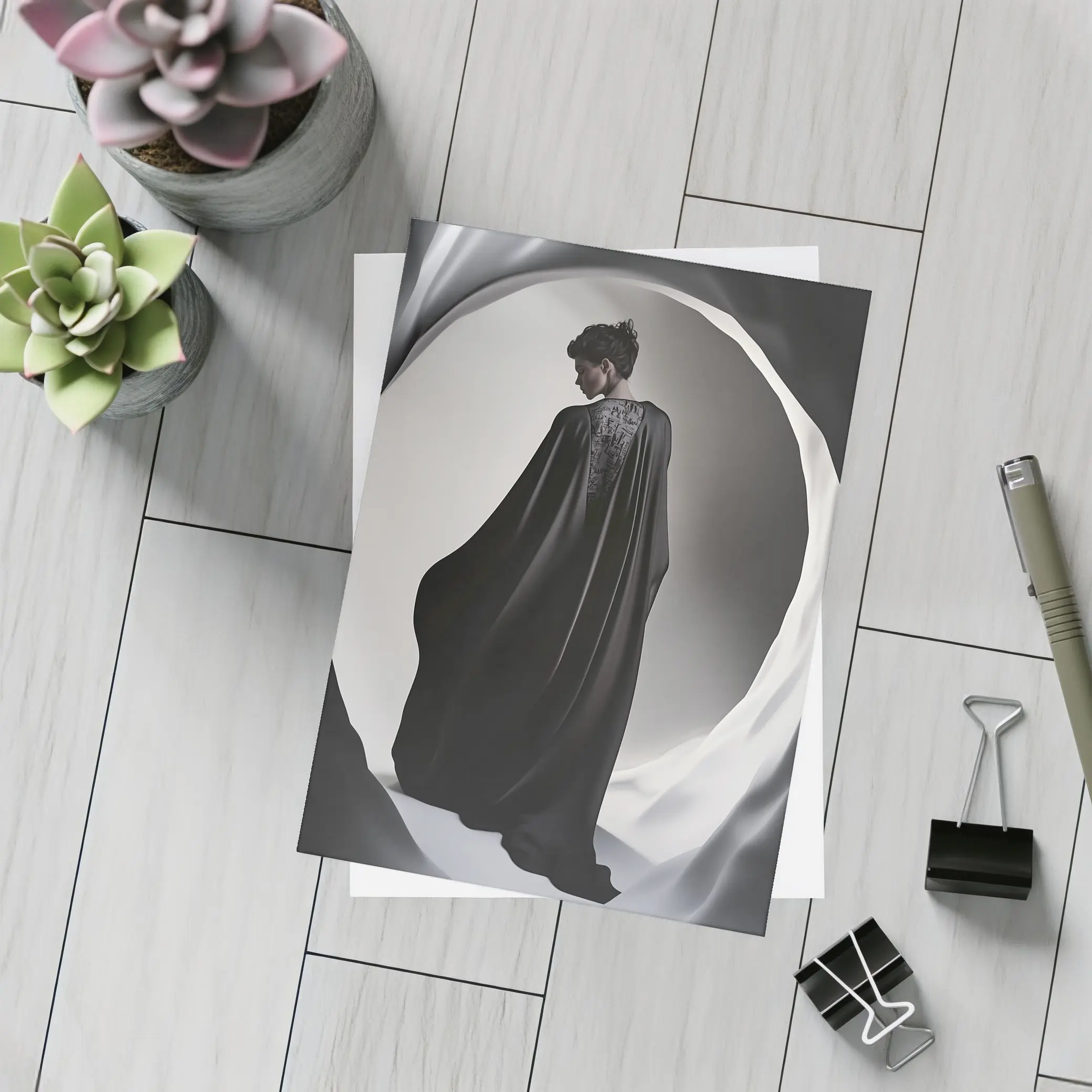 Woman Black Cape Flowing Dramatic Dark Portrait – Postcards